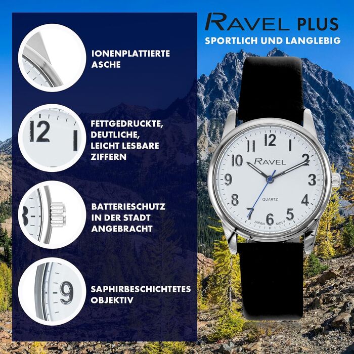Годинник Ravel Plus - унісекс з ремінком з мікрофібри, кварцовий, аналоговий (34 мм, чорне/срібне/біле циферблат)