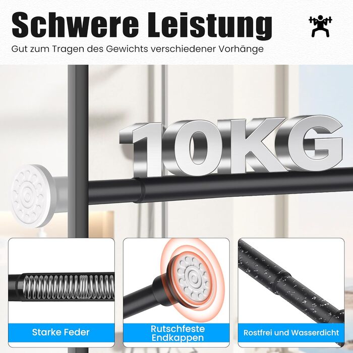 Тeleskopна штанга для душу без свердління, 72-254 см, чорна (Ø25 мм)