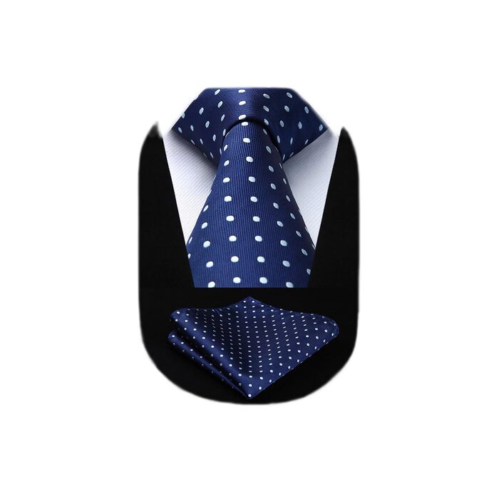 HISDERN Комплект краватки та нагрудного хустинки для весілля: синій горошок, довга краватка, класичний стиль, для чоловіків, бізнес, преміум якість