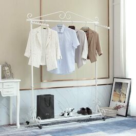 Clothes Rack, Garment Rod, Coat Rack with Shoe Storage, Width 136cm, Vintage Style Metal, Height Adjustable from 126 to 200 cm (White with Wheels)