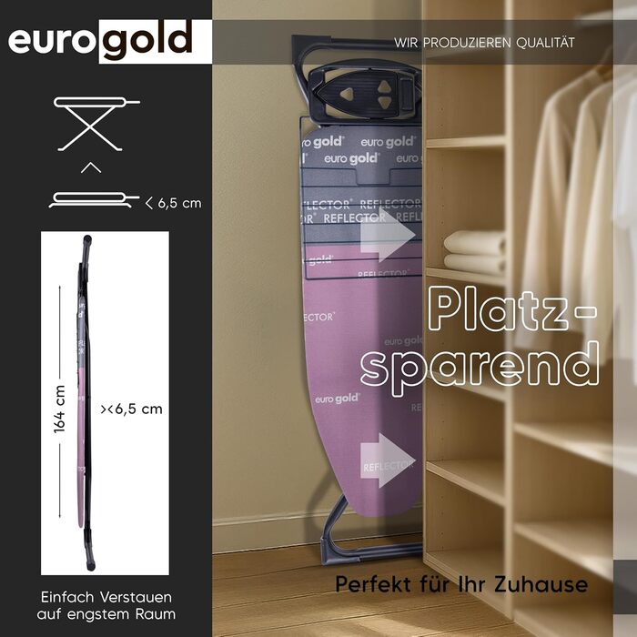 Прасувальна дошка EUROGOLD® Premium 120x42 см з турбопокриттям та полицею - стабільна, регульована по висоті, з бавовняним покриттям (рожева)