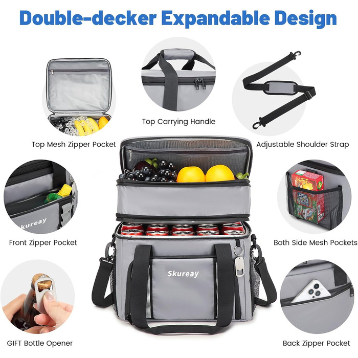 Велика розширювана сумка-холодильник з м'якого матеріалу, двоярусна ланч-сумка для жінок та чоловіків, вміщує 40 банок, вологостійка та портативна – ідеально для пляжу, кемпінгу, подорожей (Сірий)