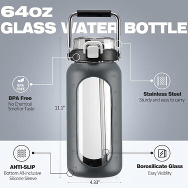 1900ml Glass Drinking Bottle with Straw and Stainless Steel Handle, Glass Water Bottle with Silicone Sleeve and Time Marker, Monitoring Your Daily Drinking Bottle 2 Liter, Light Green (Gray)