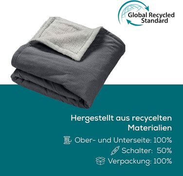 Електрична ковдра Beurer HD 75 з перероблених матеріалів, 180x130 см, 6 температурних режимів, автоматичне вимкнення, Cord Dark Grey