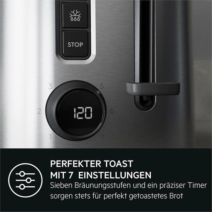 Тостер AEG T5-1-4ST Deli 5 з 7 режимами, таймером, функціями стоп, розморожування, підігріву, автоматичним центруванням, корпусом Cool-Touch, широкими слотами, піддоном для крихт, нержавіюча сталь