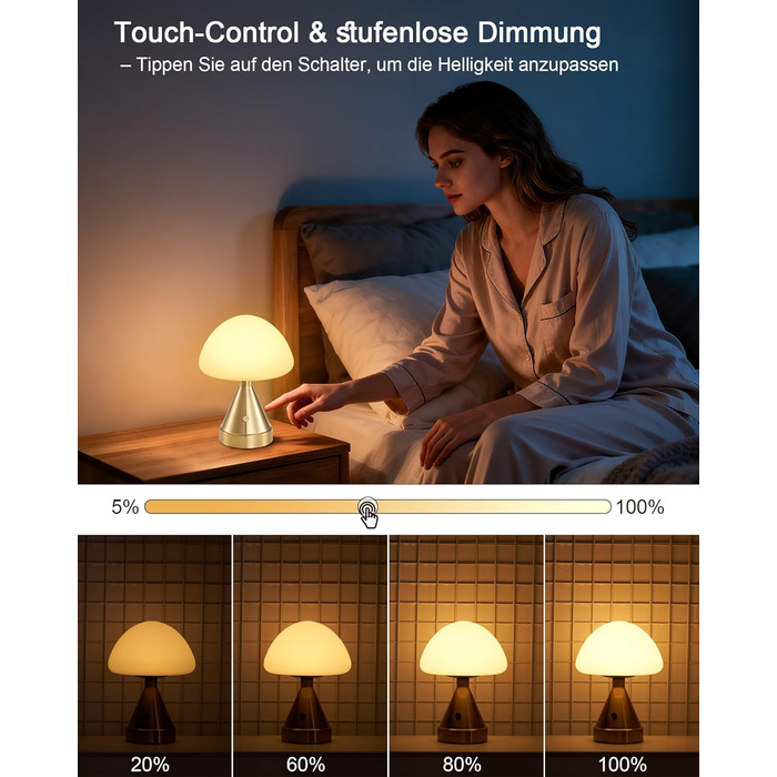 Бездротова настільна лампа-грибок, акумуляторна, з сенсорним регулюванням яскравості, мініатюрна золота атмосфера для спальні, їдальні, патіо, ванної кімнати