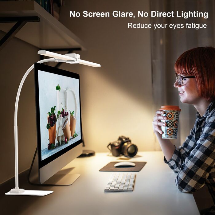 LED Desk Lamp with Adjustable Brightness - 1200 Lumens, Dual Head, Clamp-On for Home Office, Eye Protection, Gooseneck Design, Monitor Light with 5 Color Temperature & Brightness Levels (Metal Base)