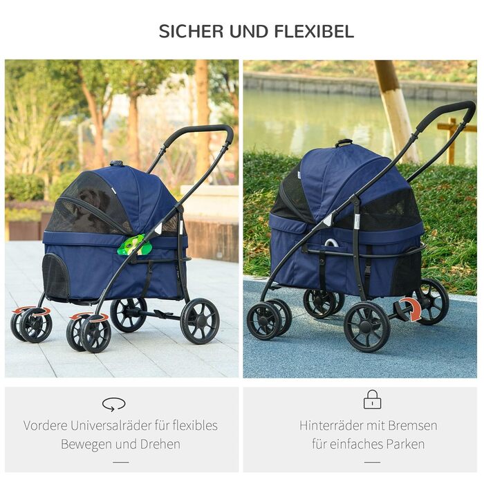 PawHut 2-в-1 візок для собак та котів з дощемiком, складний, з 2 повідками, для маленьких тварин, Оксфорд, темно-синій