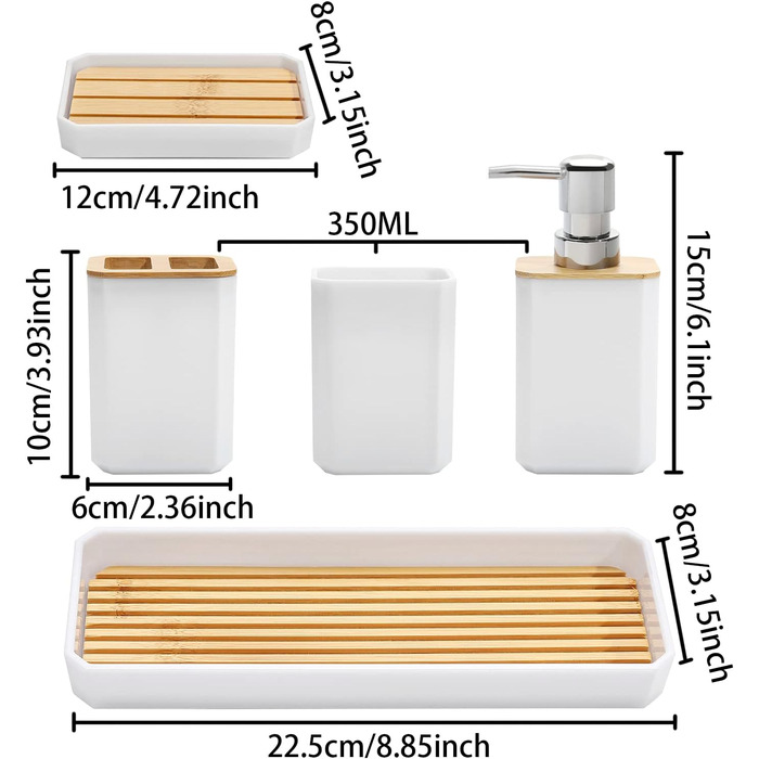 Набір аксесуарів для ванної кімнати FEILANDUO, 5 шт: дозатор для мила, мильниця, тримач для зубних щіток, стакан для води, піднос для косметики, Бохо, сучасний дизайн (білий)