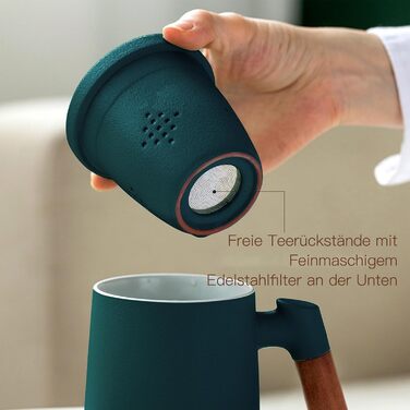 ZENS Teacup with Lid and Infuser, 360 ml Wooden Handle Teacup with Tea Strainer and Lid for Loose Leaf Tea, Matte Ceramic Teacups Gifts for Tea Lovers, Hand-Sprayed Dark Green Glaze