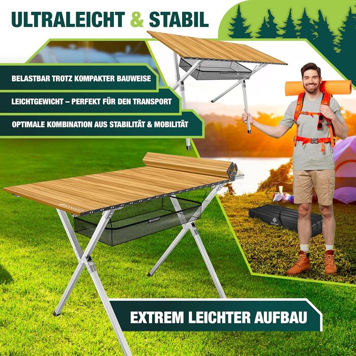 Складний кемпінговий стіл KESSER® 120x70 см з алюмінієвим каркасом та стільницею під дерево, до 100 кг, з сумкою для транспортування