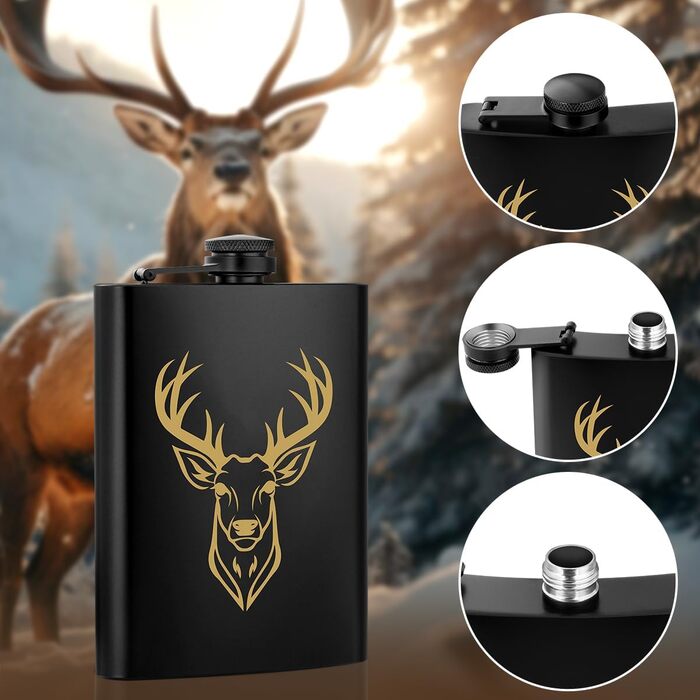 Фляга туристична 237мл з нержавіючої сталі, з воронкою та листівкою, подарункова коробка, з візерунком 'Золотий олень'