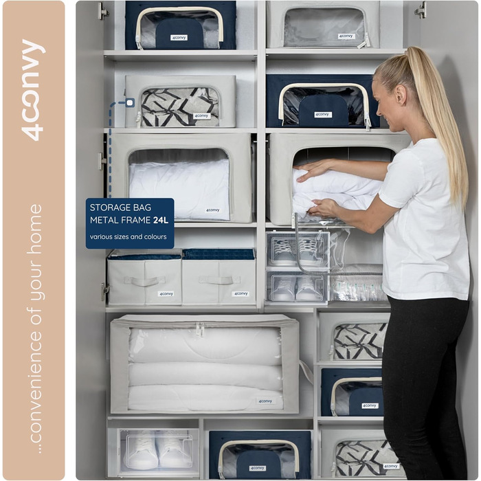 Складана коробка для зберігання одягу 4CONVY з блискавкою та металевим каркасом - покращений матеріал 2024 року. Коробка для постільної білизни, стабільна коробка для одягу, сірий колір, 3x24L
