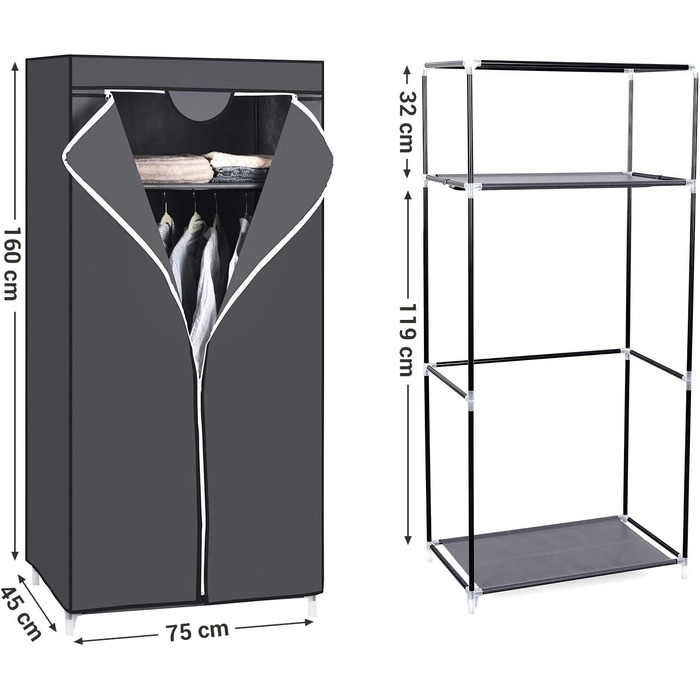 SONGMICS Fabric Clothes Closet, Foldable, with Clothes Rod, Simple Clothes Rack, Toy, Shoe, Bag Organizer, Living Room, Bedroom, Wardrobe, 75 x 45 x 160 cm, Grey