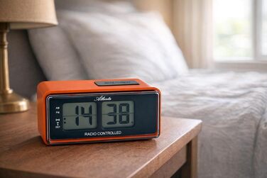 Цифровий радіо-будильник Atlanta з LCD-дисплеєм, функцією Snooze та підсвіткою, ретро-дизайн, безшумний (без тікання), помаранчевий — 1881-12