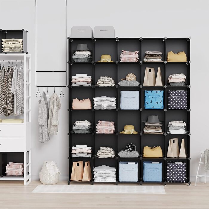 Wardrobe, Portable Shelving System, Plastic Closet with 2 Hanging Rods, Bedroom Wardrobe Closet White (Black)