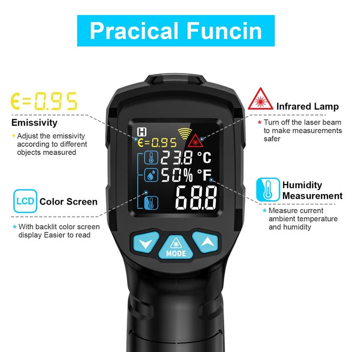 Інфрачервоний термометр MESTEK з лазерним цільовим вказівником -50°C ~ 550°C. Безконтактний вимірювач температури для кухні, барбекю, холодильника, промисловості