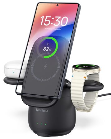Бездротова зарядка SwanScout 3-в-1 для Samsung S25 Ultra, S24, S23, Z Flip 7, Z Fold 7, Galaxy Watch 8/Ultra/7/6/5/Buds, білий (чорний)