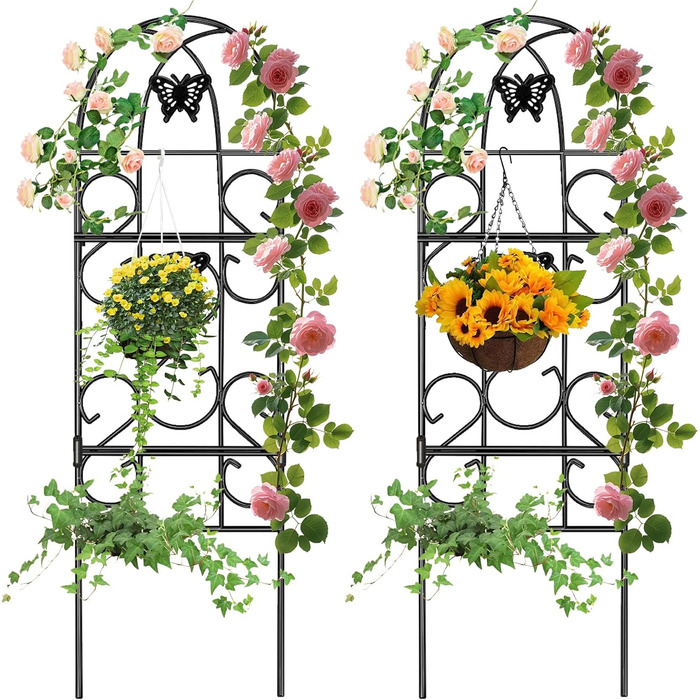 Amagabeli 2-Piece Garden Trellis Set, Metal, 152 x 46 cm, Rust-Proof Black Iron, Butterfly, Pot Vegetables, Flowers, Terrace, Metal Grids, Grid Panels for Ivy, Roses, Cucumbers, Clematis Supports