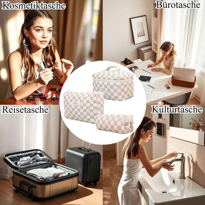 Набір косметичок з квітковим принтом для дівчаток та жінок, степкова косметичка для макіяжу, бавовняний набір культбеулів, косметичка Coquette, естетичний аксесуар Clean Girl, косметична сумочка (хакі в клітинку)