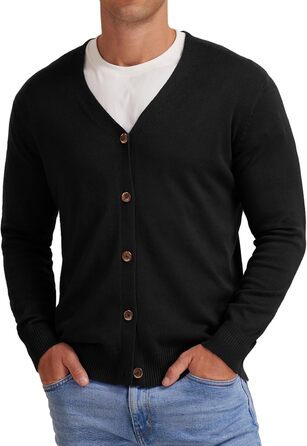 Чоловіча в'язана кофта NITAGUT з вінтажним смугастим дизайном, довгі рукави, V-подібний виріз, ґудзики (S, Чорний)