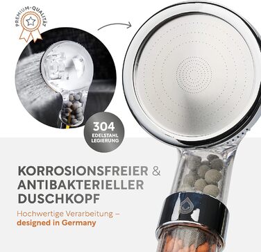 Premium showerhead with mineral stones from happydrop - The water-saving hand shower with pressure-increasing effect and 3 spray patterns