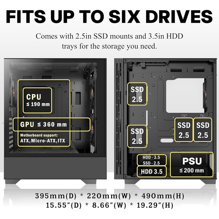 Корпус ПК KEDIERS ATX Tower для ігрового комп'ютера з загартованим склом (чорний, 3 вентилятори без LED)