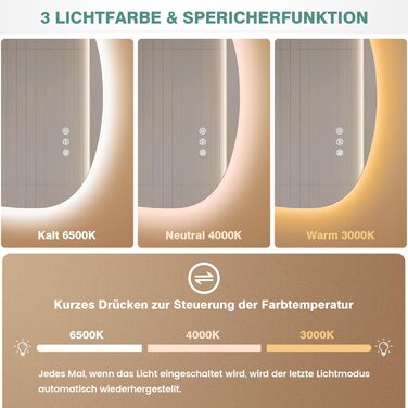 Дзеркало з підсвічуванням Asymmetrischer LED 75x55 см з сенсорним вимикачем – антизапар, 3 кольори світла, регулювання яскравості та функція пам'яті, чорний (горизонтальне/вертикальне), без рамки
