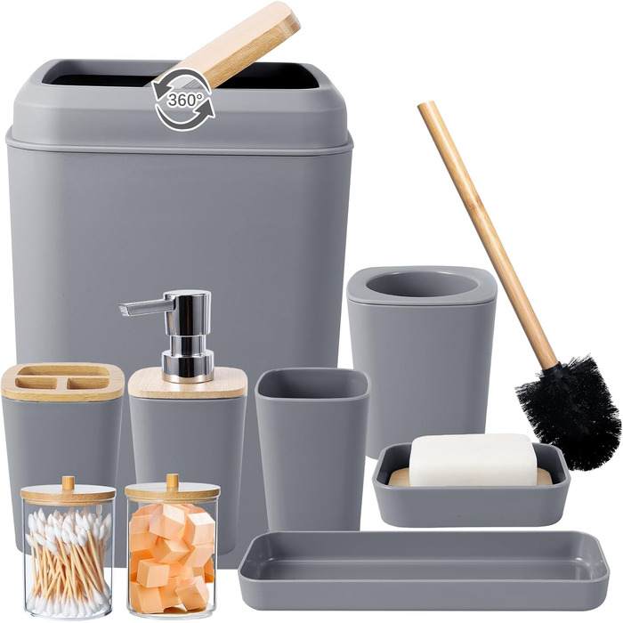 Набір аксесуарів для ванної кімнати, 9 предметів: сміттєвий бак, тримач для зубних щіток, стакан для зубних щіток, диспенсер для мила/лосьйону, полиця для раковини, мильниця, щітка для унітазу, тримач для ватних паличок (сірий, набір для ванної кімнати)
