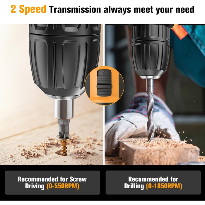 Акумуляторний шуруповерт AKZWOXRO 21V з 2 акумуляторами 2.0Ah, 42Nm, 2 швидкості, 25+3 ступені крутного моменту, патрон 10мм, LED ліхтик, 30-ти елементний набір для дому та саду, DIY проєкти