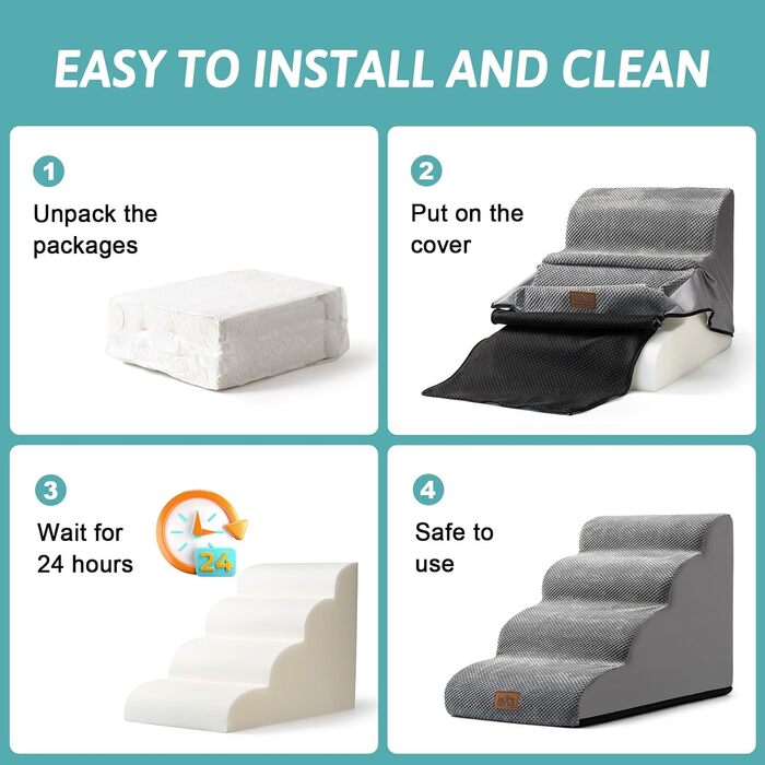 Сходинки для собак маленьких порід 40 см, сходи для домашніх тварин на диван з високощільним губчастим наповнювачем, сходинки для собак з пральною кришкою та неслизьким дном, 40x57x40 см, 3 сходинки