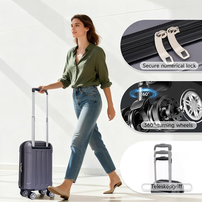 Набір валіз Boleedy 3шт, валіза на коліщатках, дорожній набір валіз (55/66/76 см), ручна поклажа, валіза з жорстким корпусом, 360° обертання, тихі подвійні колеса, телескопічна ручка, сірий колір