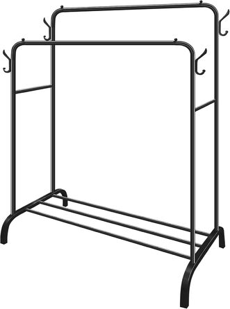 Metal Clothes Rack Clothes Stand Stable, Double Rod Durable with 1 Tier Shelf and 4 Side Hooks, Freestanding Clothes Rack, Multi-Purpose Organizer, Bedroom, Black