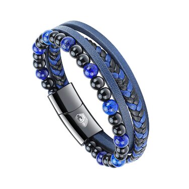 Чоловічий шкіряний браслет з магнітною застібкою Lederarmband синій 22 см + Подарункова коробка