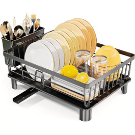 LIONONLY Dish Drainer Rack, Small Dish Drainer with Drip Bowl, Stainless Steel Dish Drainer with Drip Surface and Swivel Spout, Dish Drying Rack for Space-Saving