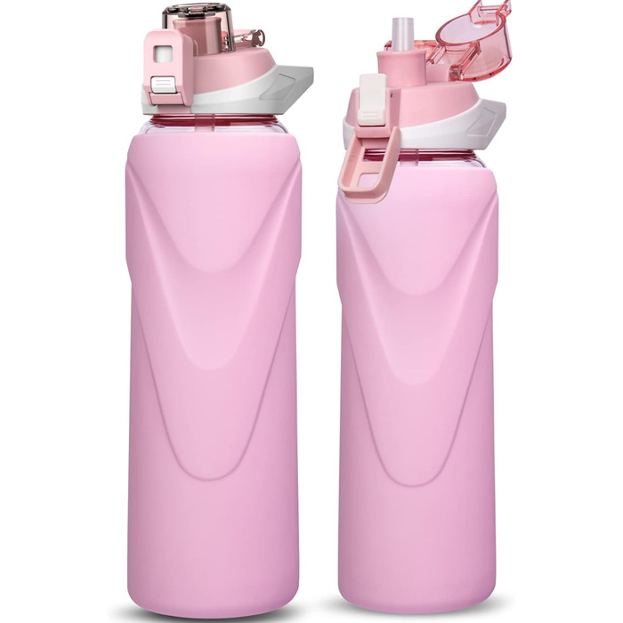 1 liter / 1l Drinking Bottle Glass with Straw BPA-Free Glass Bottle with Silicone Sleeve Borosilicate Glass Water Bottle (Pastel Pink)