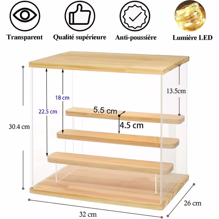 Joody Vitrine made of acrylic, Plexiglas boxes with 2 tiers, display case with door for Pop figures, minifigures, collectible toys, storage organizer for display case, dustproof with 2 shelves (Extended) – Original wood color (4 tiers – Walnut wood)