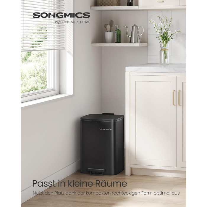 Відро для сміття SONGMICS кухонне 20 л педальне, сталь, чорний, з внутрішнім відром, плавним закриттям та фіксацією кришки LTB592B02