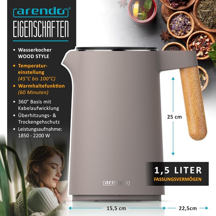 Електричний чайник Arendo з регулюванням температури, 1.5 л, нержавіюча сталь, подвійні стінки, BPA free, функція підтримки тепла, Cool Touch, Taupe C