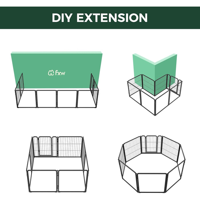 Клітка-павільйон для собак FXW Pawadise, 61 см, 8 панелей (4 акрил + 4 метал), чорна, розширювана