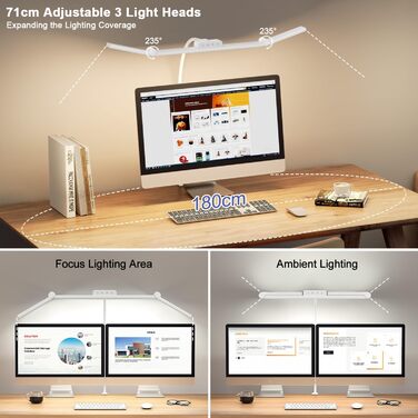 LED лампа настільна EppieBasic з кріпленням, 24W, 3 насадки, регулювання яскравості, для офісу та дому, 1200LM, захист очей, гнушкий шийний механізм, 4 режими температури кольору, таймер 30 хв