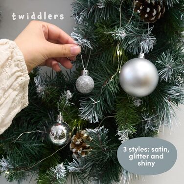 50 кульок для ялинки Twiddlers срібного кольору - різні розміри та покриття (6см, 4см, 3см) - матові, блискучі, з глітером. Декор для ялинки, 50 шт.