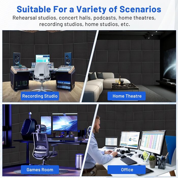 Акустичний поролон для звукоізоляції 30x30x2.5 см, шумопоглинаючі панелі з самоклейкою для студії та домашнього кінотеатру, набір 24 шт