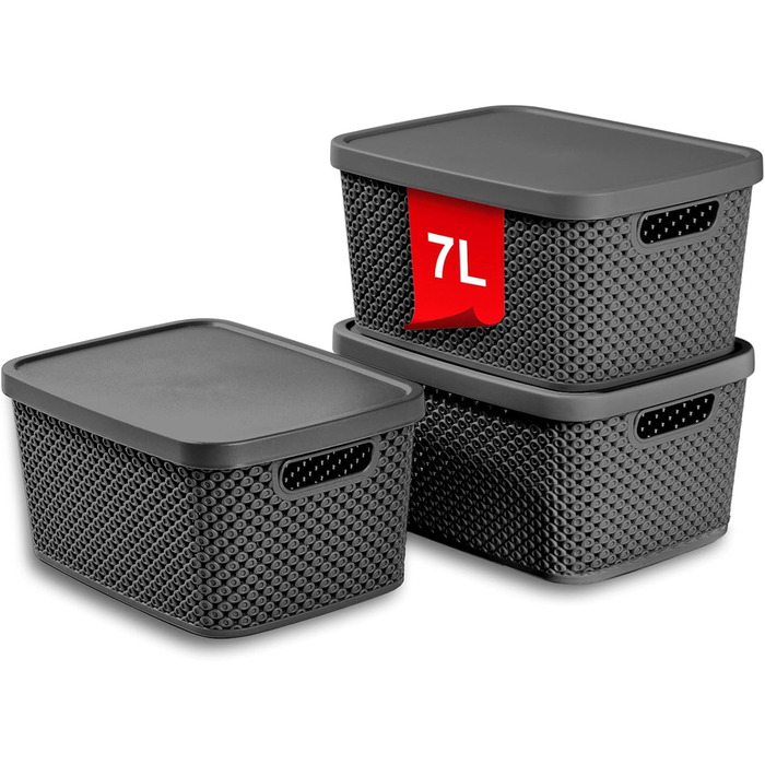 PREMIUM 3-Piece XXL Storage Box Basket Set with Lid Organizer - Ideal for Office, Closet, Wardrobe, Kitchen & Household (Anthracite, 3-Piece Set 7 Liters)