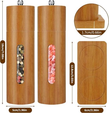 BOCHION Salt and Pepper Grinder Set, Wooden Grinder Set Large with Coaster, Salt and Pepper Grinder with Adjustable Ceramic Grinder, Grinding from Coarse to Fine, for Pepper, Salt, Spices, 2-Piece Set 18 cm