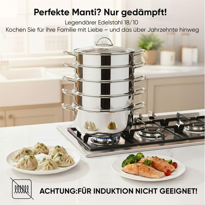 Набір для приготування на пару BEM: 6 предметів з нержавіючої сталі 18/10, діаметр 26 см. Російська мантоварка з вставкою для пари та скляною кришкою, каструля для приготування на пару, набір для приготування на пару. НЕ для індукційних плит.