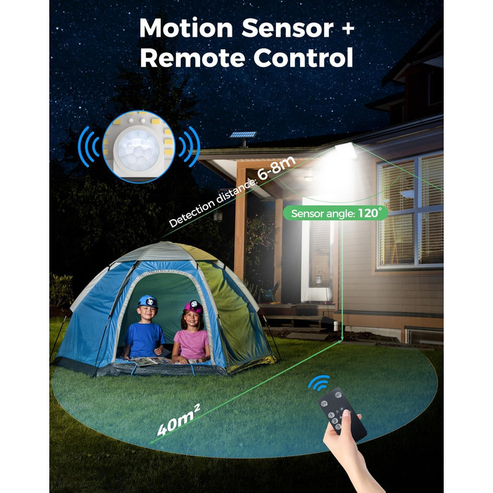 LOTMOS 2 Pack Solar Lights for Outdoor with Motion Sensor, 342 LED Outdoor Light Solar IP65 Waterproof Solar Spotlight 3 Modes with Remote Control, Solar Lamp Outdoor for Garden Garage Exterior