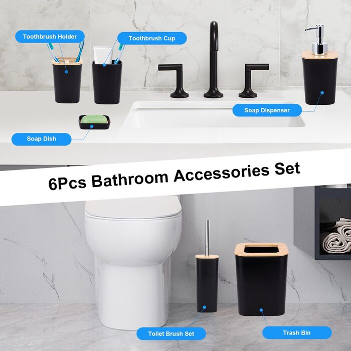 Bathroom Accessories Set - 6Pcs Bathroom Accessories Set made of Bamboo, Lotion Bottles, Toothbrush Holder, Tooth Cup, Soap Dish, Toilet Brush, Waste Bin