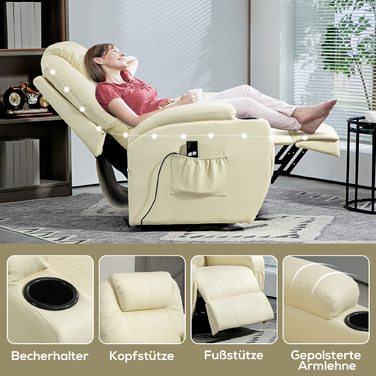 HOMCOM Power Lift TV Chair with Electric Recliner and Lie-Flat Function, TV Chair with Cup Holder, Side Pocket, and Remote Control, Faux Leather, Cream