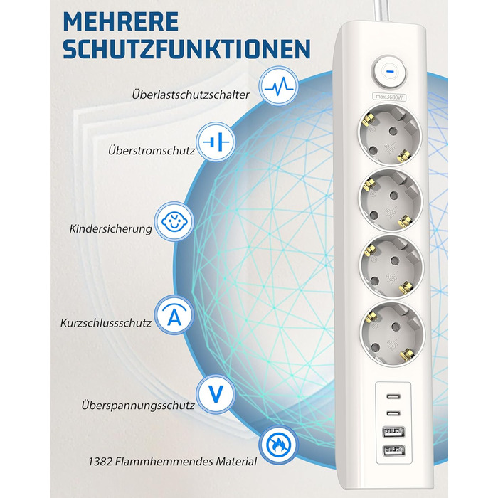Мережевий фільтр Steckdose 8 в 1 з USB, 3680W з вимикачем, 16A з 2 USB-C, для смартфонів, ноутбуків, iPad, білий кабель 1.8м